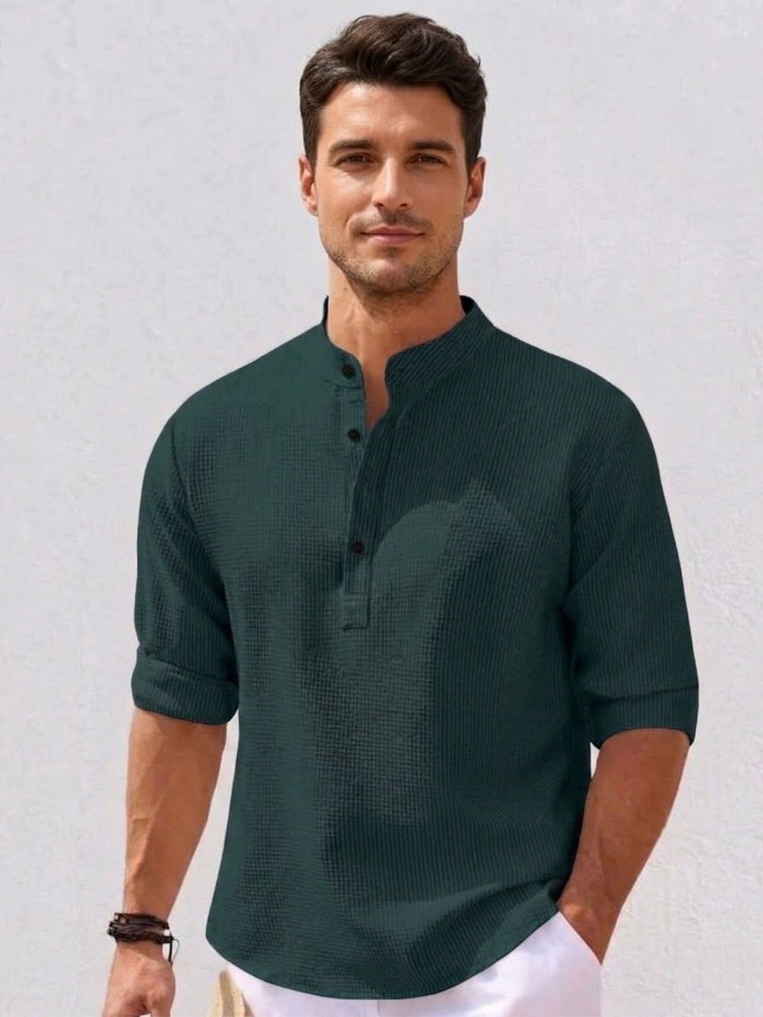 Starvy Men Mandarin Collar Roll-Up Sleeves T-shirt
