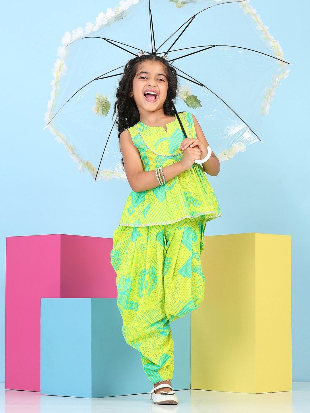 Biba Biba Girls Ethnic Motifs Printed Tiered Cotton Kurti With Salwar