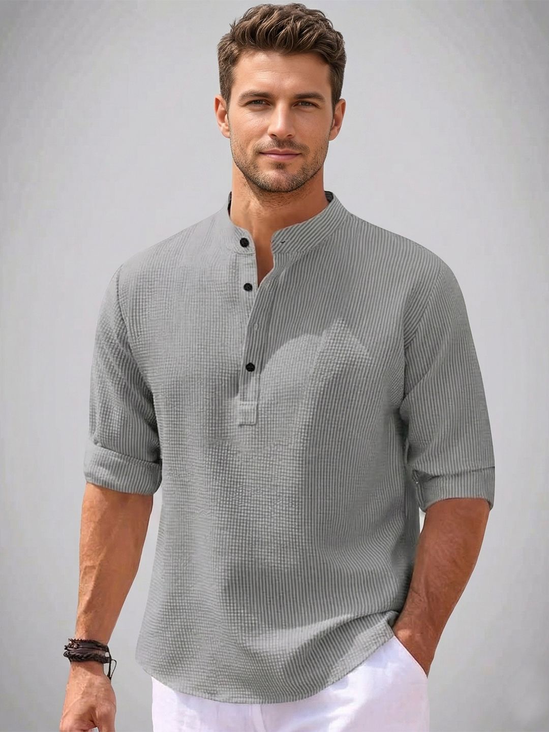 Starvy Men Mandarin Collar Roll-Up Sleeves T-shirt