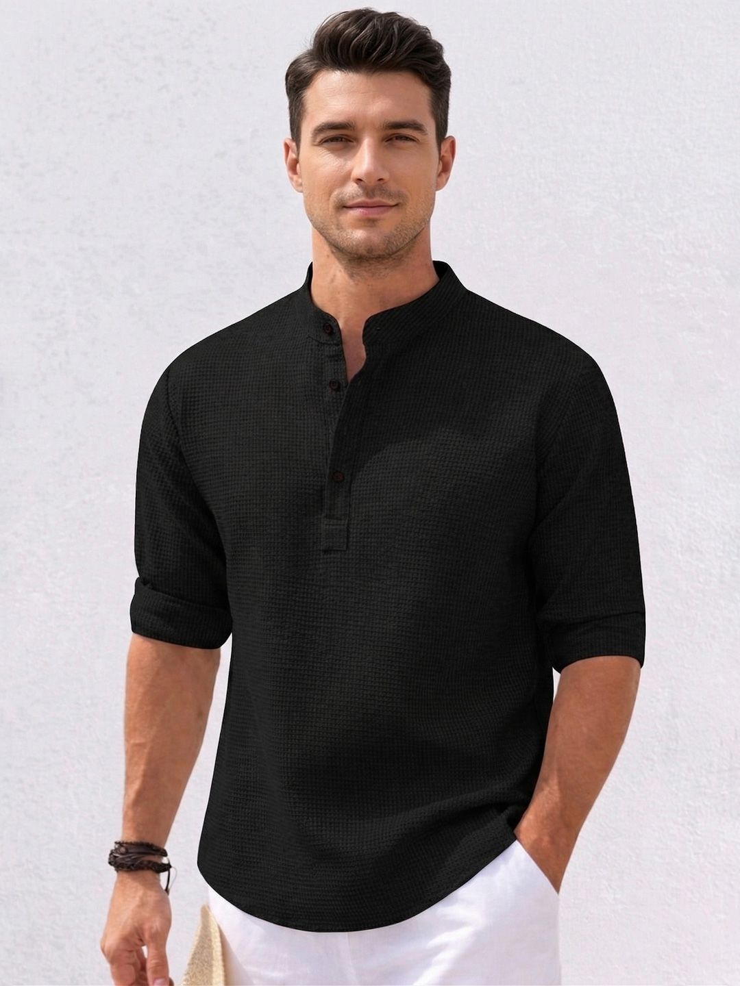 Starvy Men Mandarin Collar Roll-Up Sleeves T-shirt