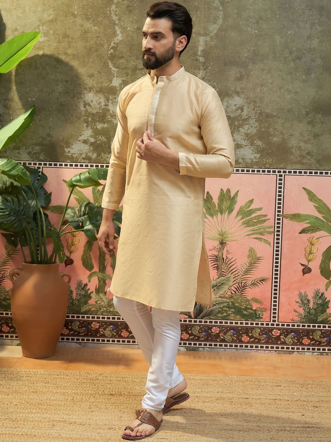 Sangria Woven Design Mandarin Collar Straight Kurta