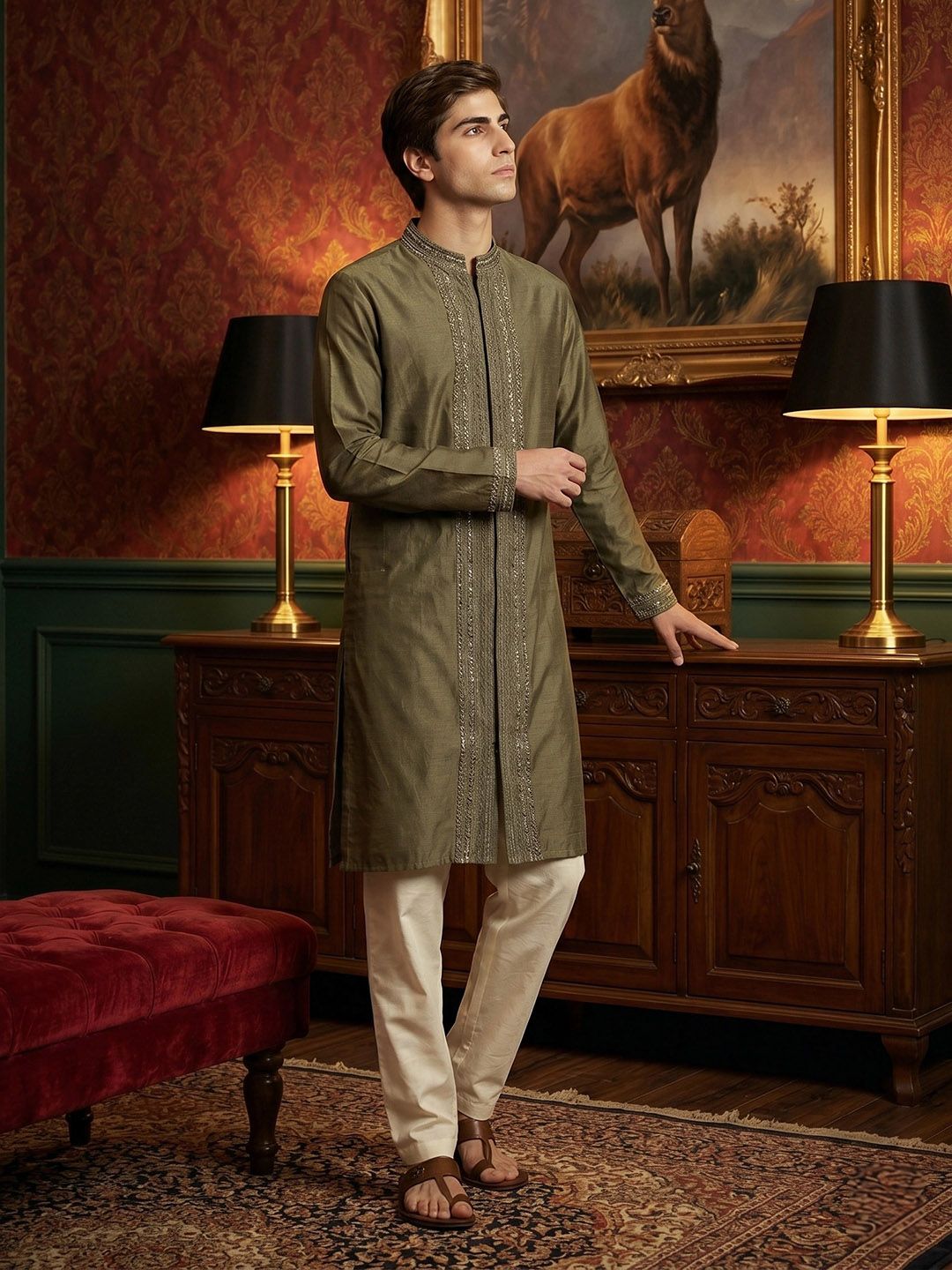 House of Pataudi Floral Embroidered Mandarin Collar Sequinned Jashn Straight Kurta