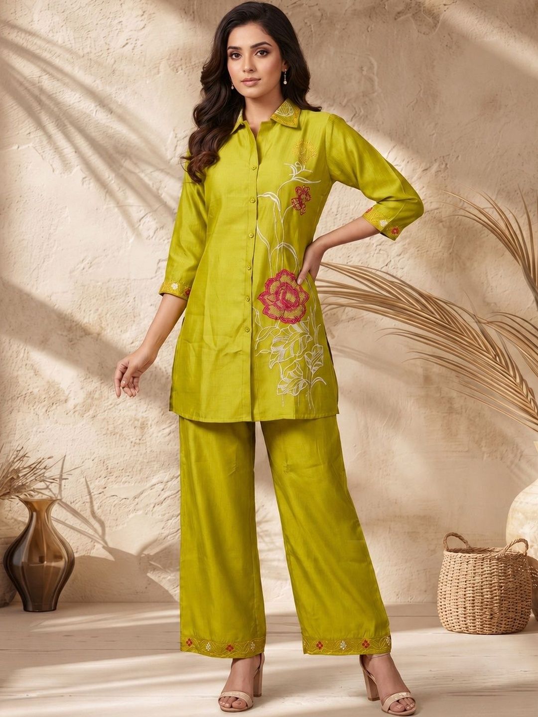 Berrylicious Romantic Florals Chanderi Embroidered Shirt with Palazzos