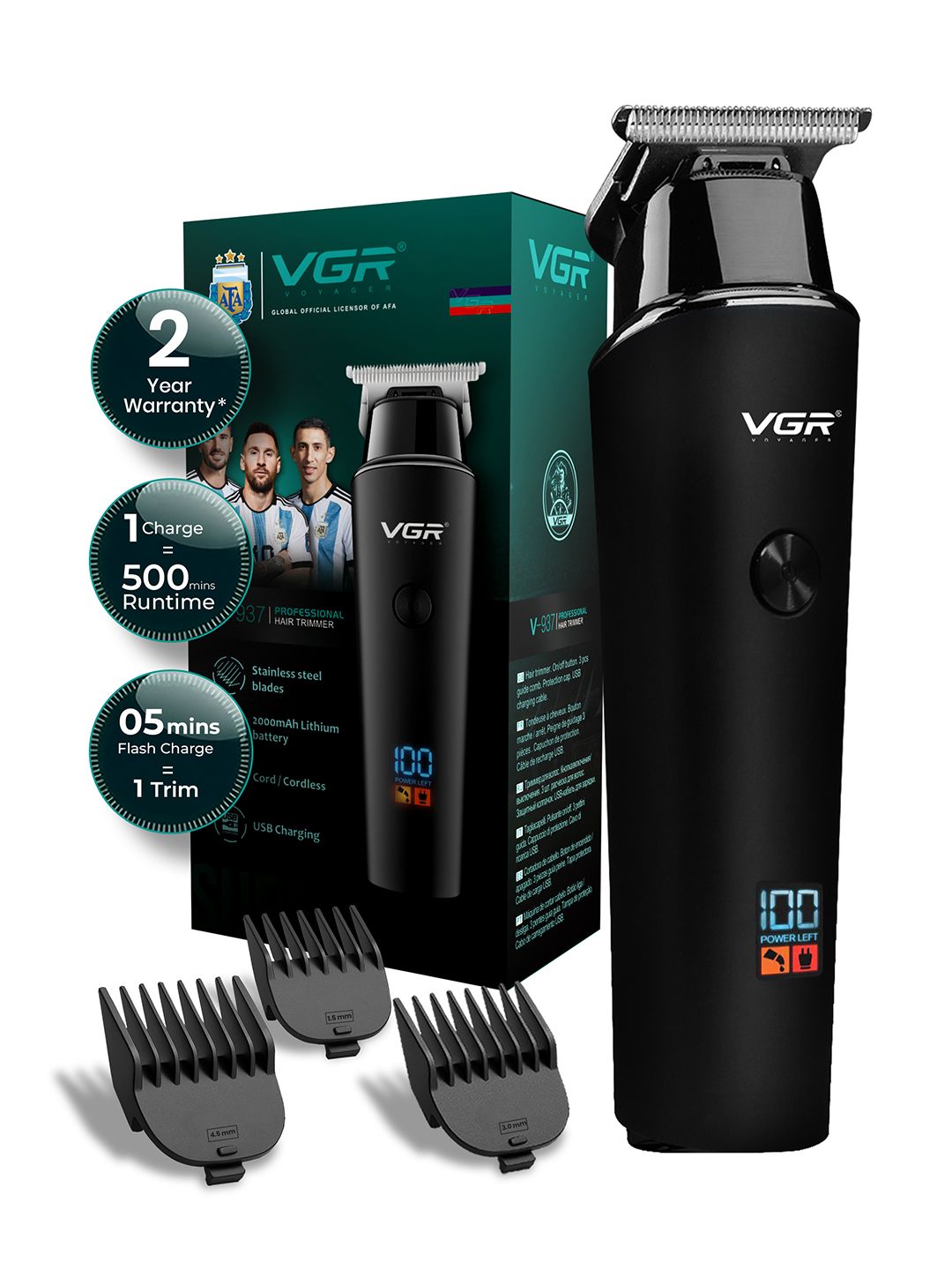 VGR V-937 Hair & Beard Trimmer for Men - 500Mins LED Display Runtime & Type-C Quick Charge
