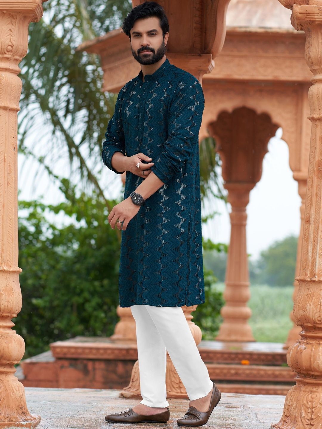 House of Pataudi Men Geometric Printed Embellished Kurta