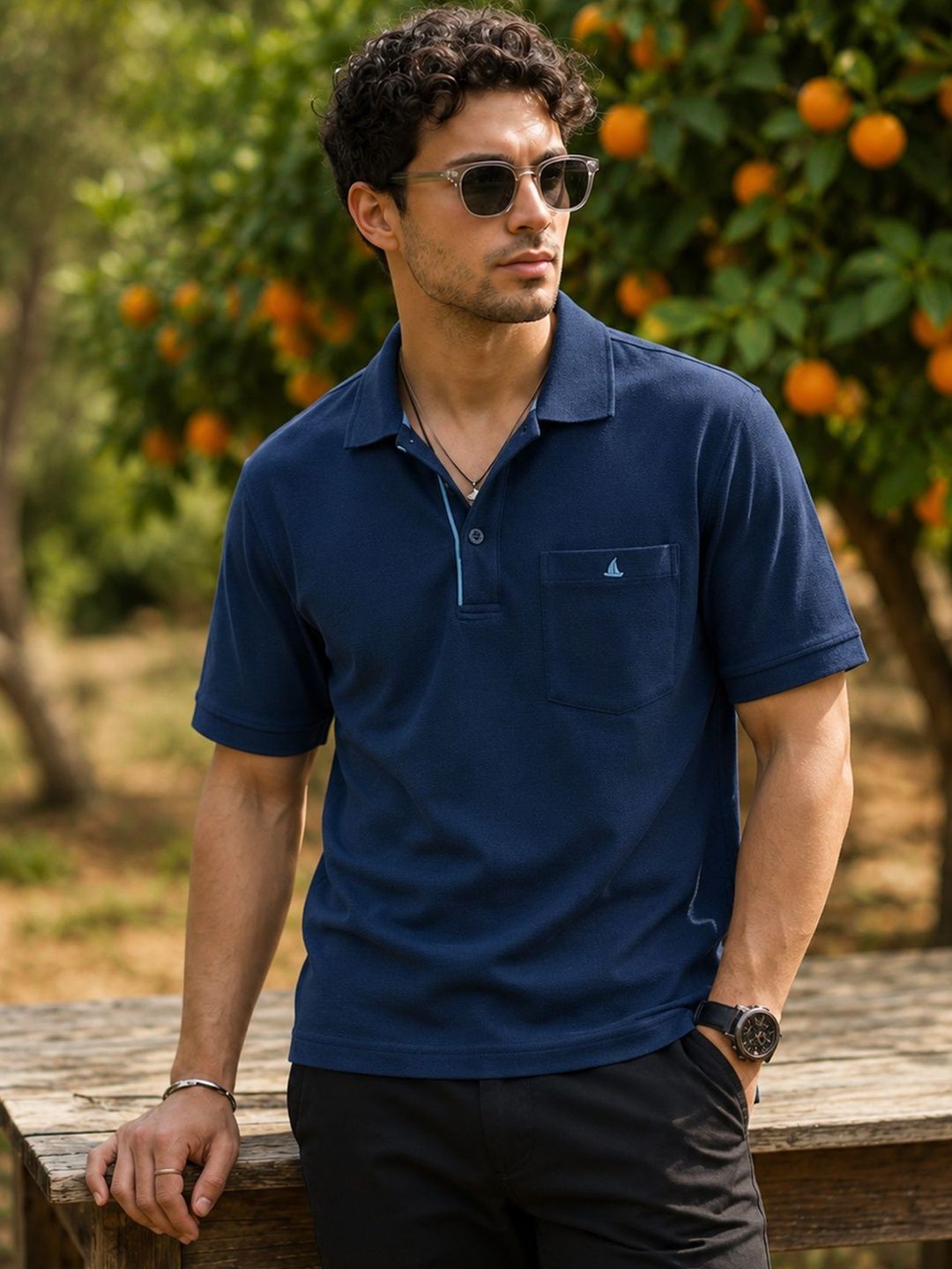 Utopium Men Brand Logo Polo Collar Pure Cotton Pockets T-shirt