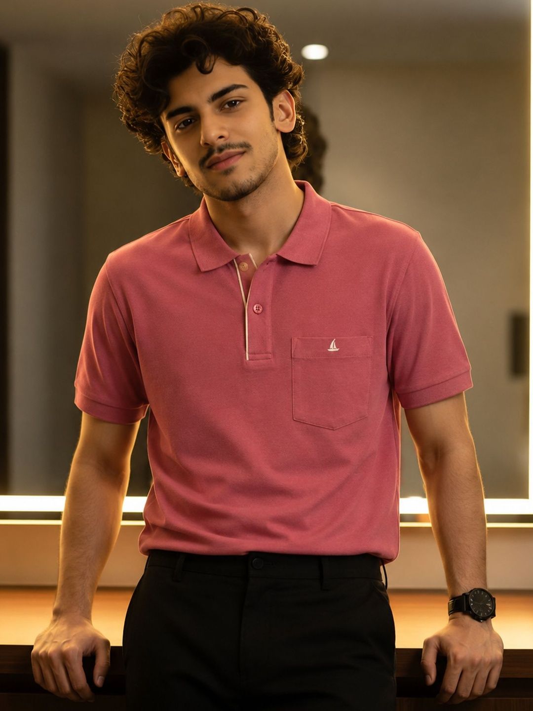 Utopium Men Brand Logo Polo Collar Pure Cotton Pockets T-shirt