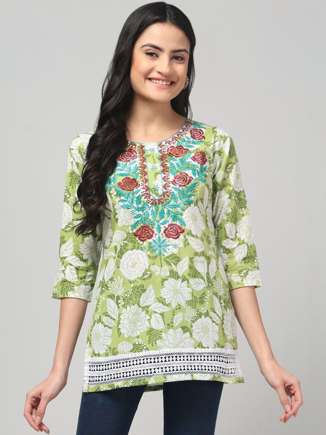 CROWN KING CROWN KING Floral Embroidered Thread Work Thread Work Kurti