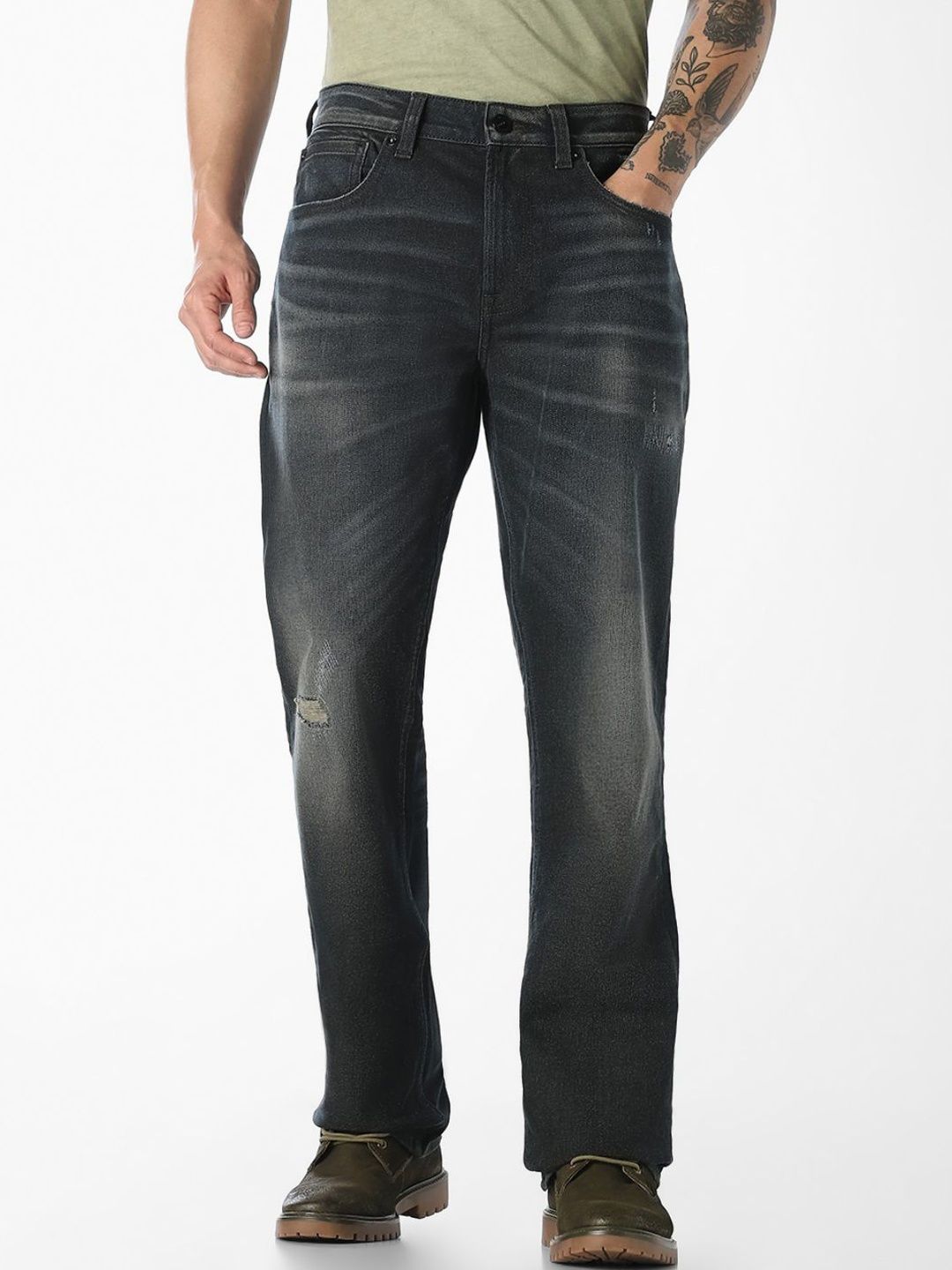 Bootcut High-Rise Mildly Distressed Light Fade Stretchable Jeans