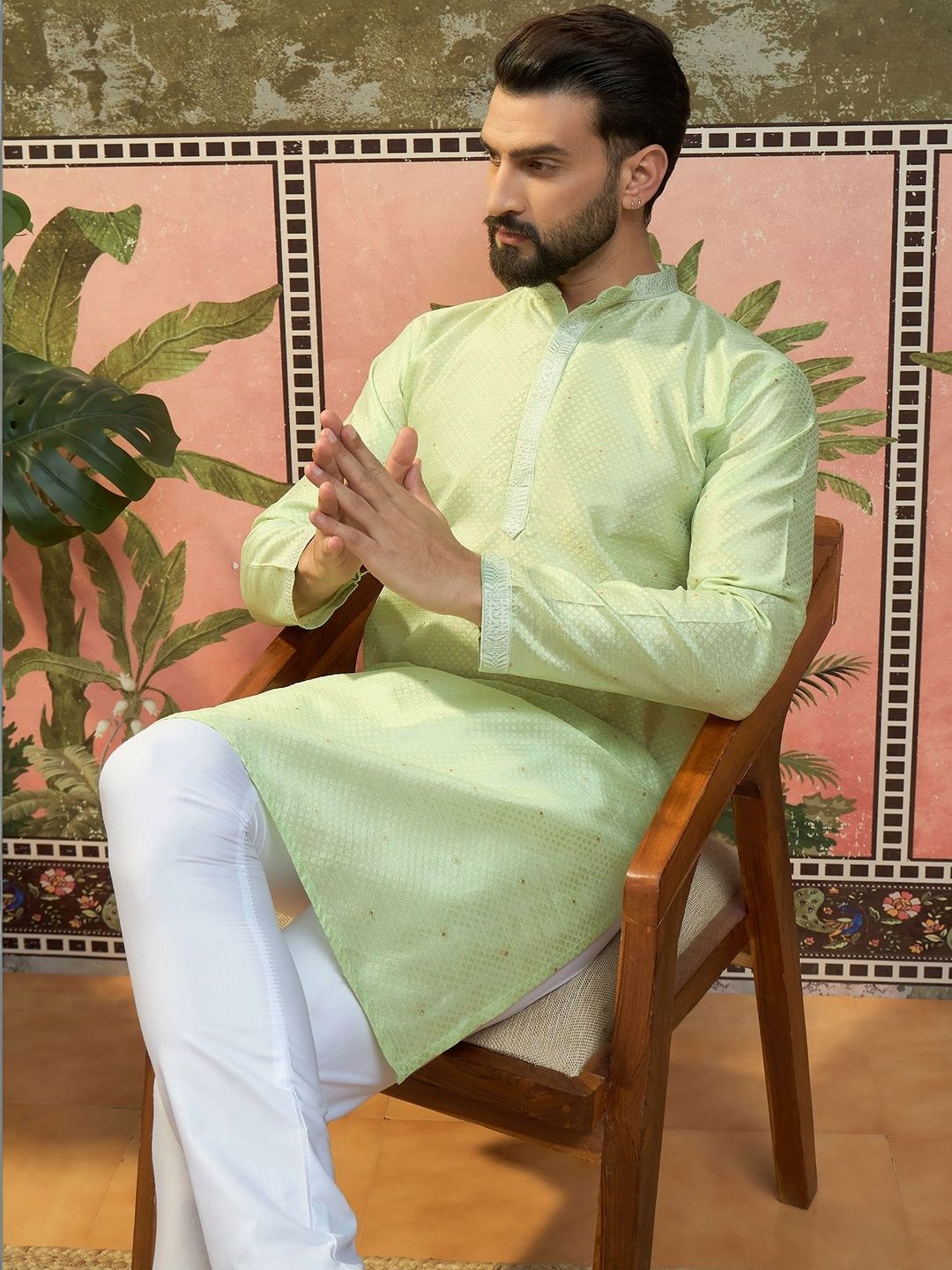 Sangria Woven Design Mandarin Collar Straight Kurta