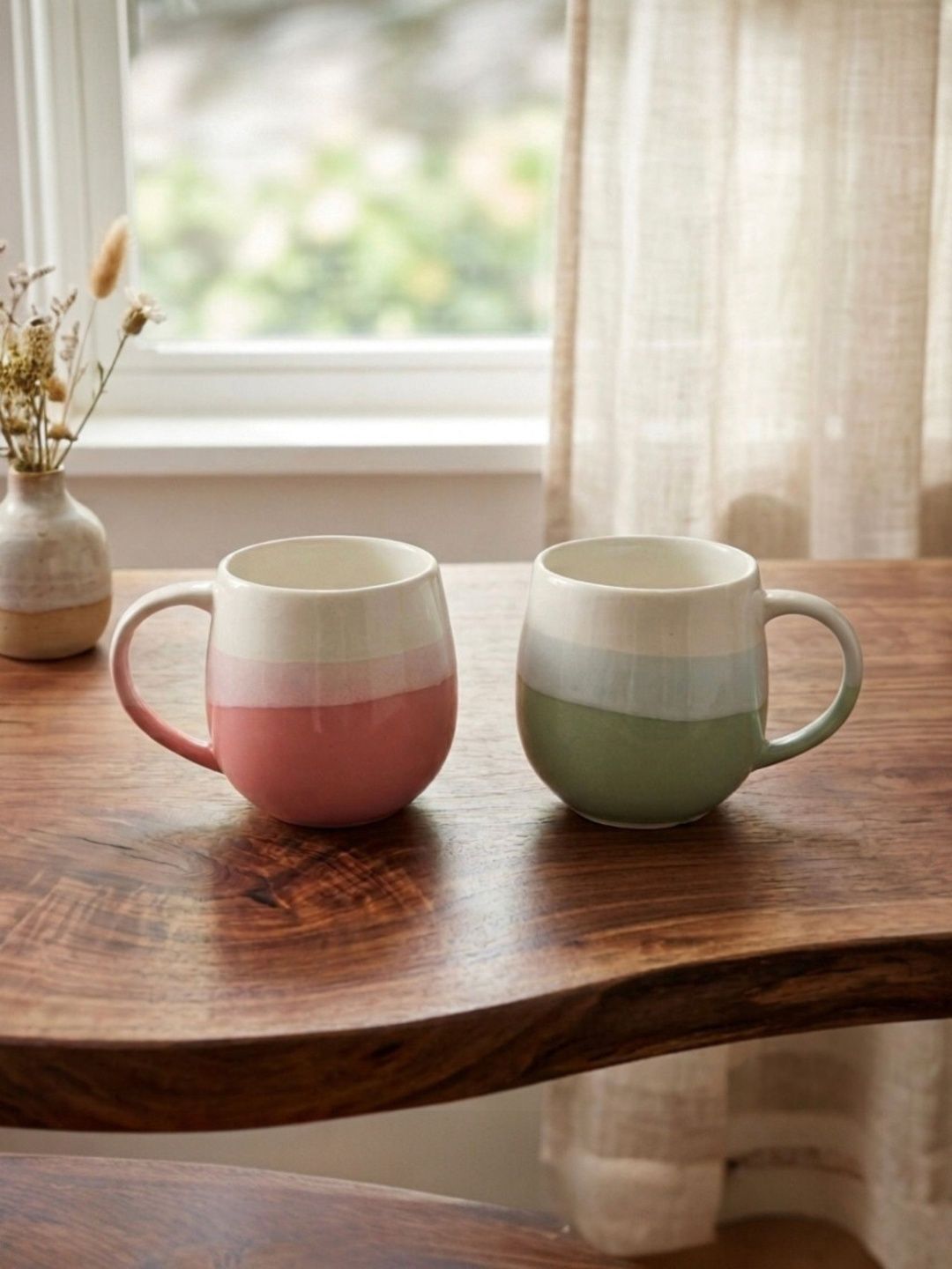 U & U Unique Utilities Pink & Olive Green Large Ceramic Glossy Coffee Mugs- 450 ml each