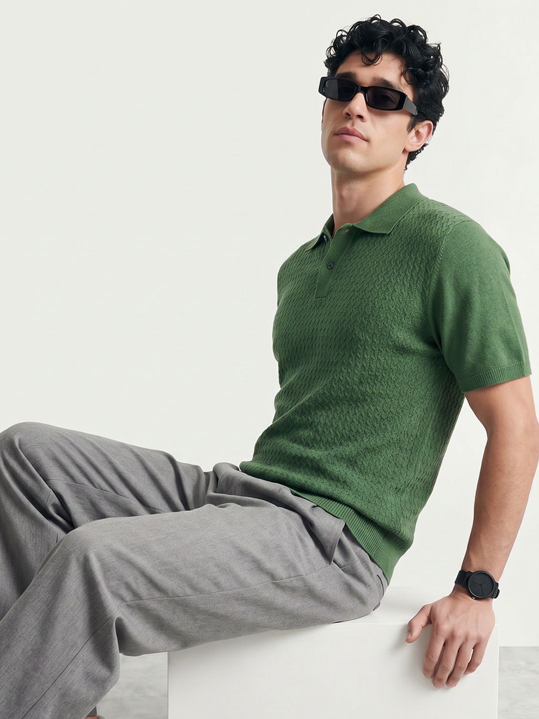 Mast & Harbour Self Design Polo Collar Pure Cotton T-shirt