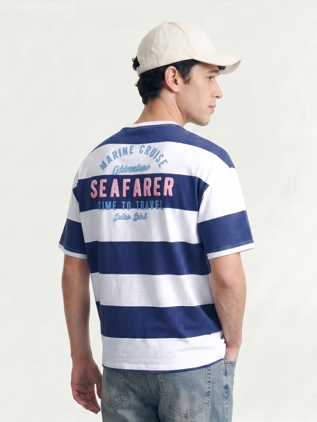 Mast & Harbour Striped Typography Printed Drop-Shoulder Sleeves Relaxed Fit T-shirt