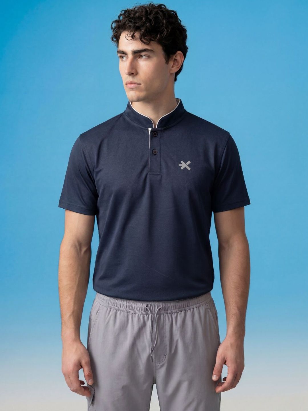 HRX by Hrithik Roshan Men Brand Logo Mandarin Collar Slim Fit T-shirt