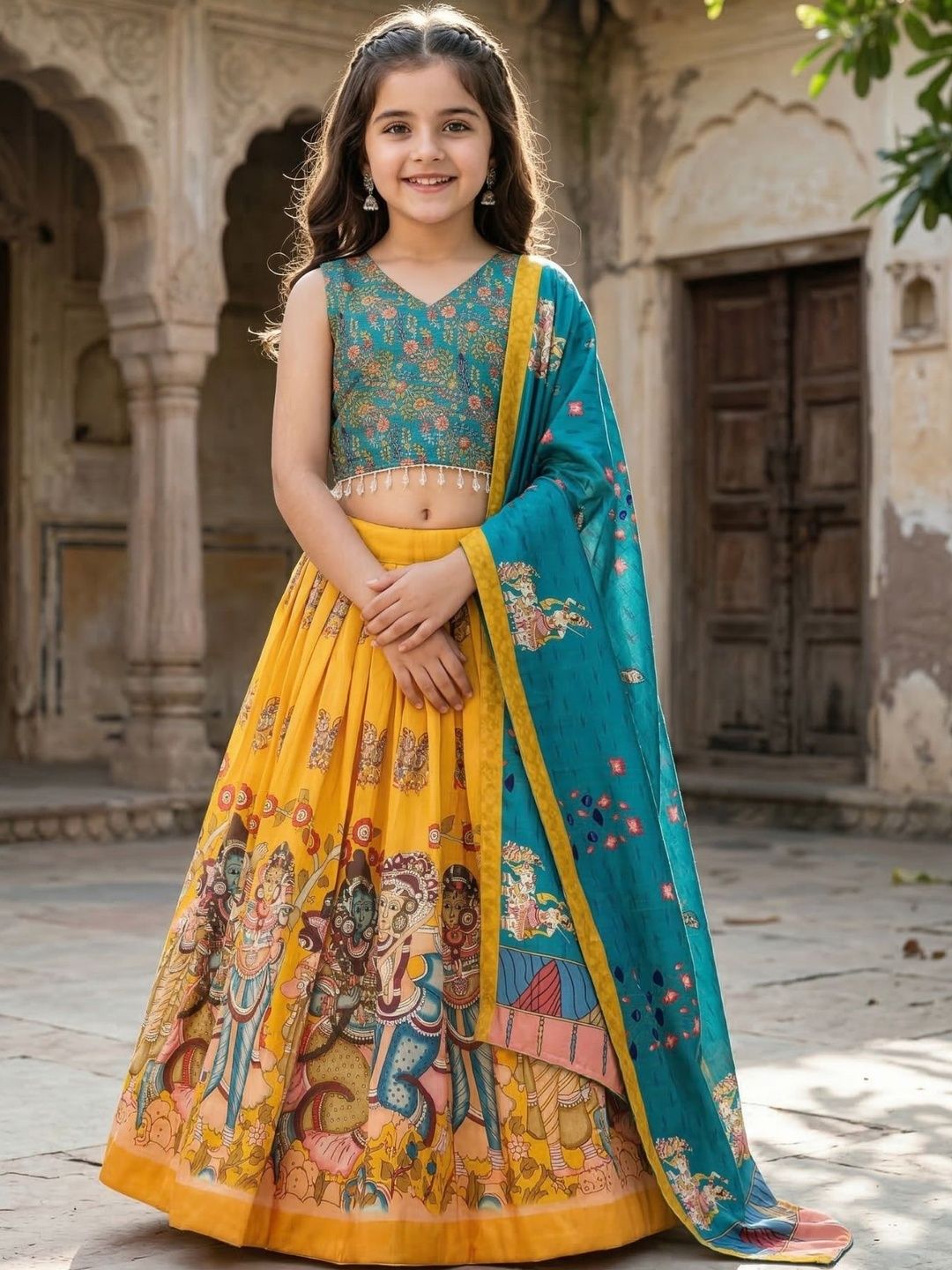 KALINI Girls Printed Beads and Stones Kalamkari Ready to Wear Lehenga & Blouse With Dupatta