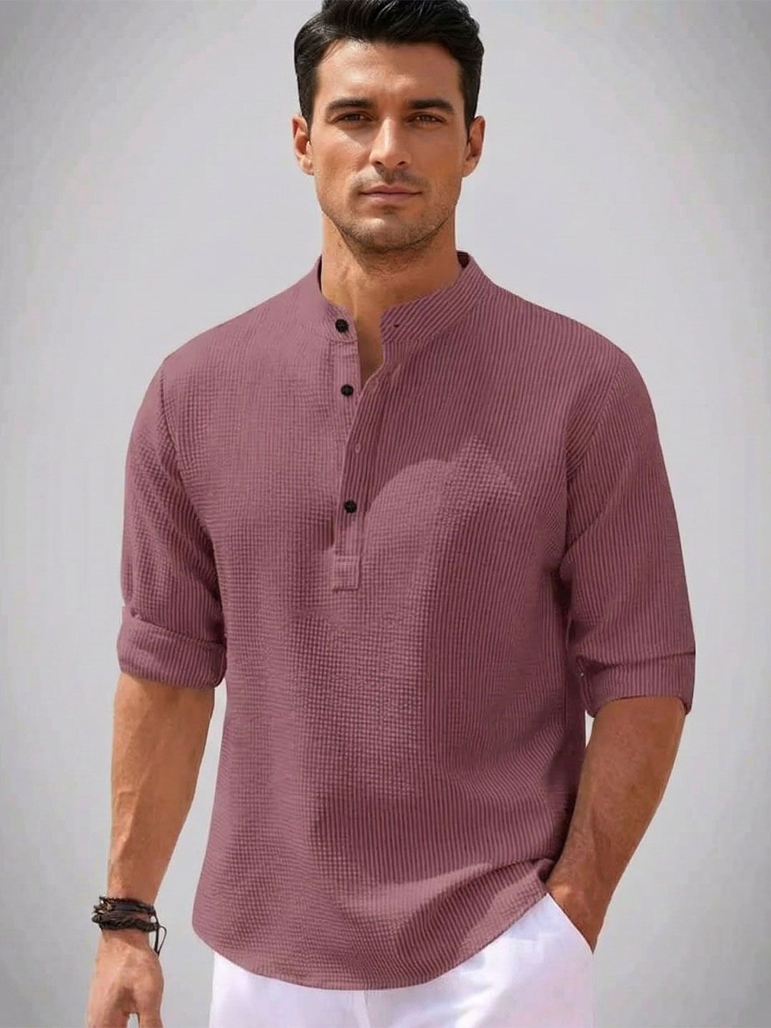 Starvy Men Mandarin Collar Roll-Up Sleeves Pockets T-shirt