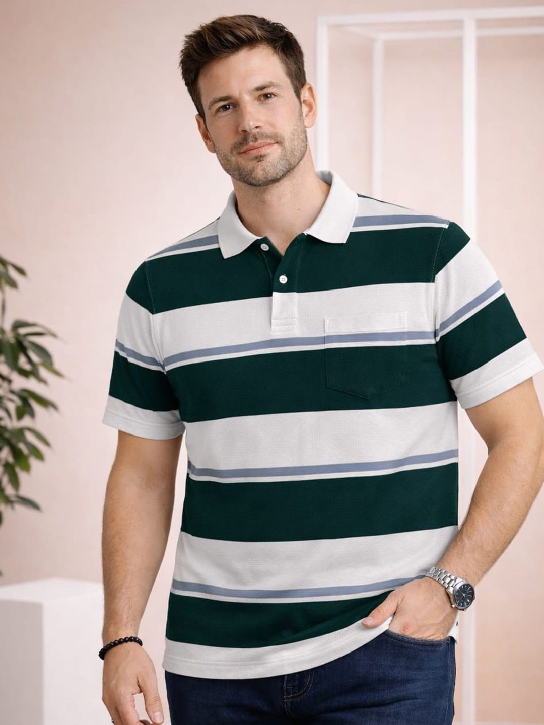 Austin wood Men Striped Polo Collar Pockets T-shirt