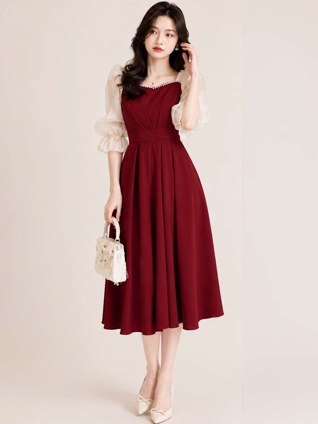 Suo Puff Sleeve Fit & Flare Midi Dress