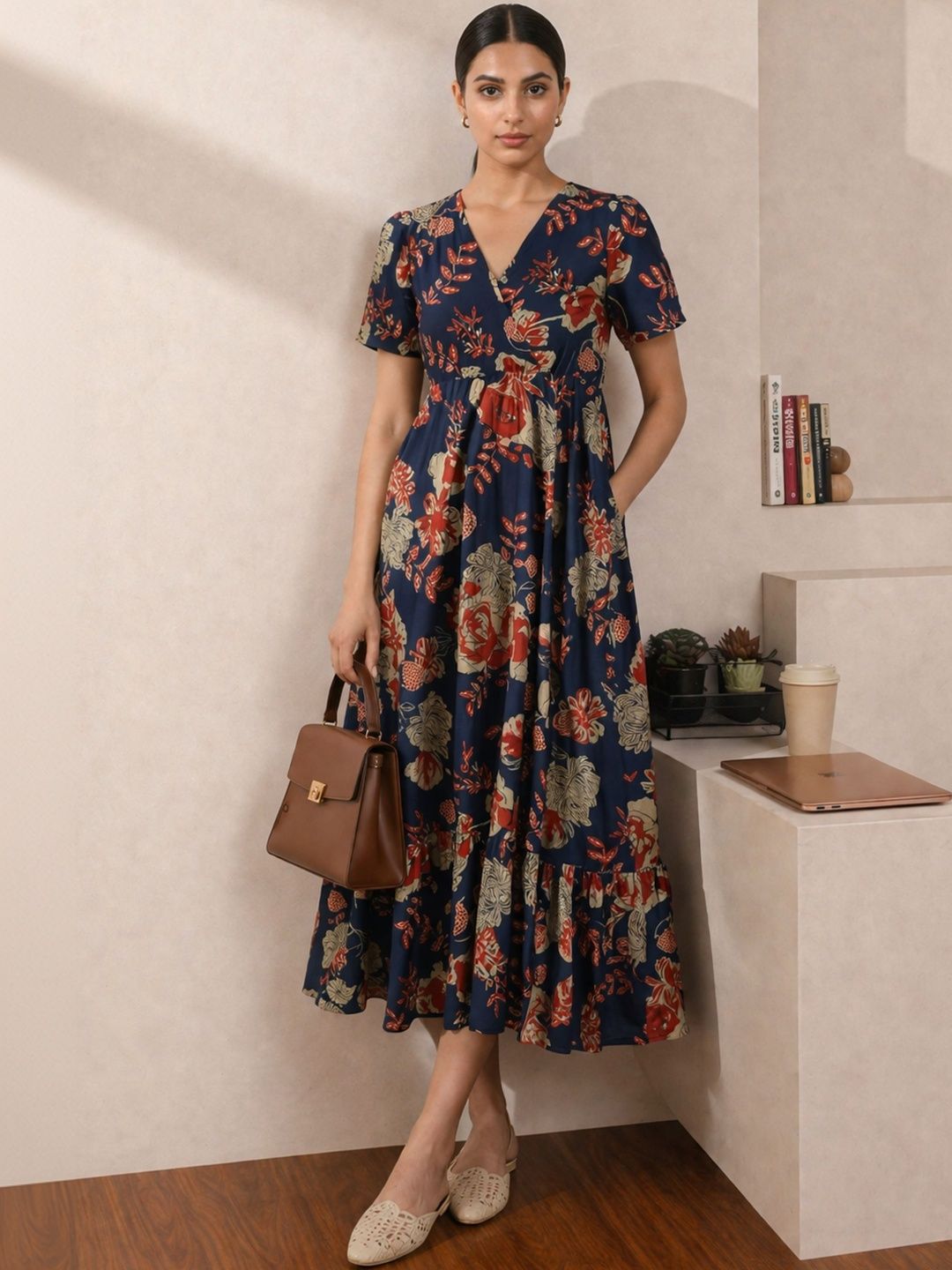 DECKEDUP Floral Print Fit & Flare Midi Dress