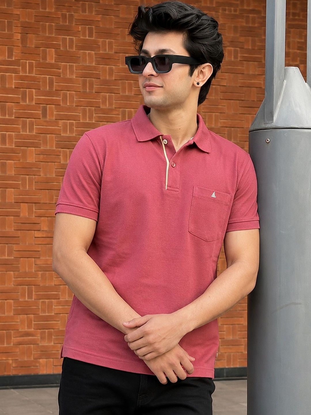 Utopium Men Brand Logo Polo Collar Pure Cotton Pockets T-shirt