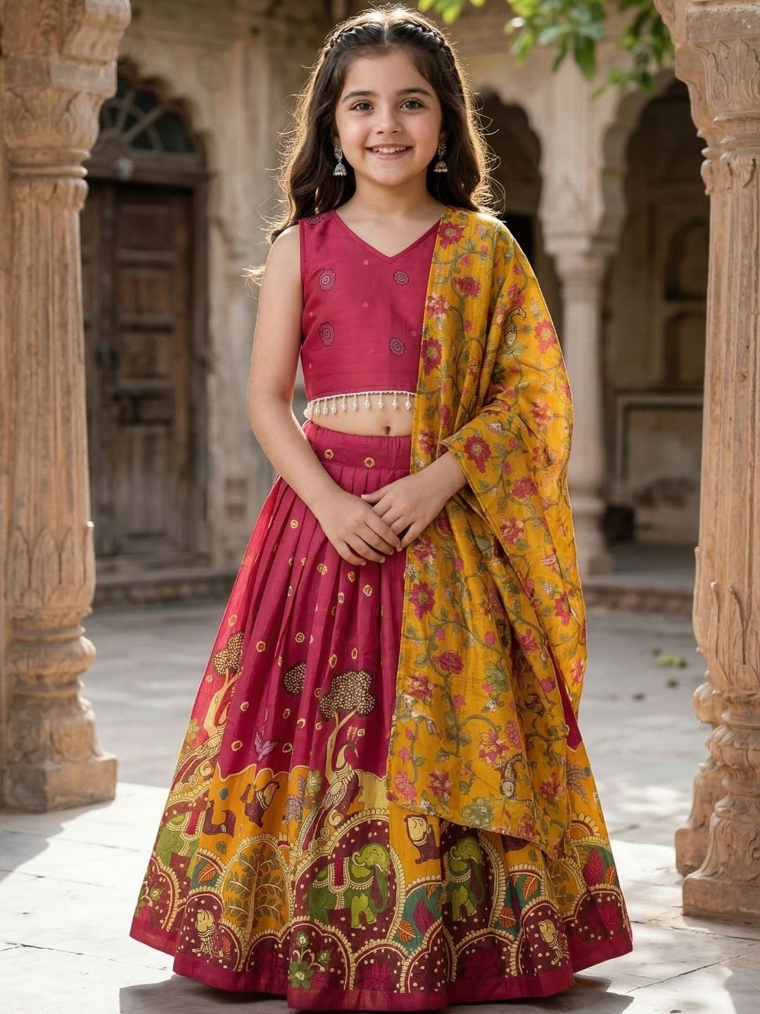KALINI Girls Printed Beads and Stones Kalamkari Semi-Stitched Lehenga & Blouse With Dupatta