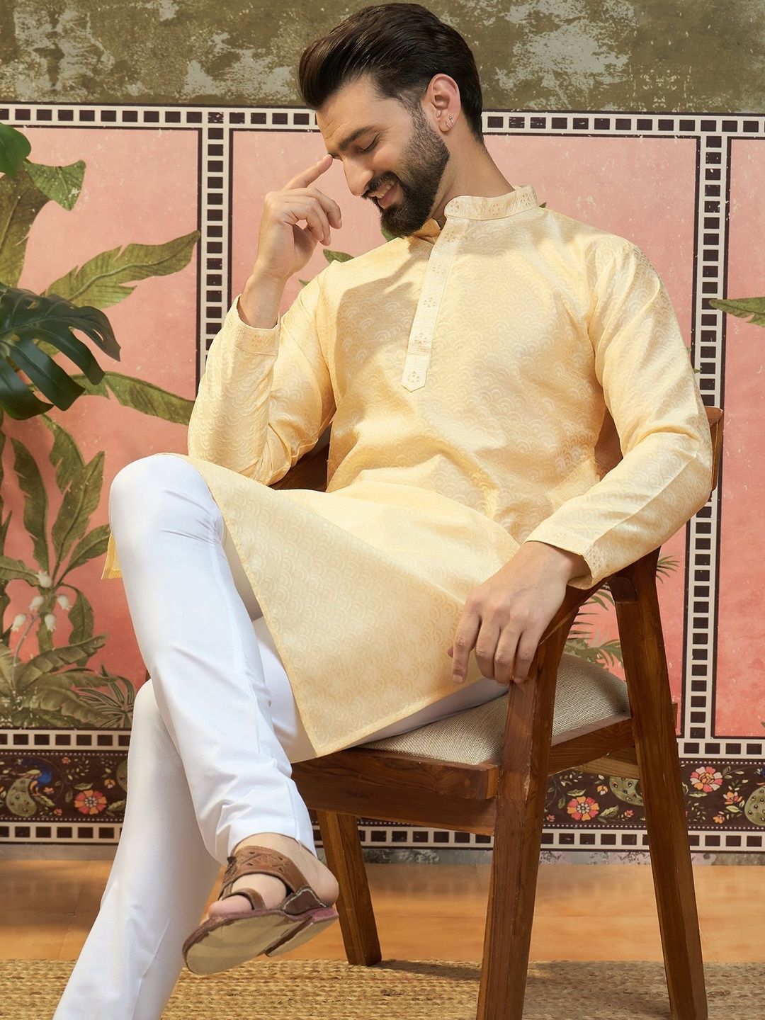 Sangria Woven Design Mandarin Collar Straight Kurta