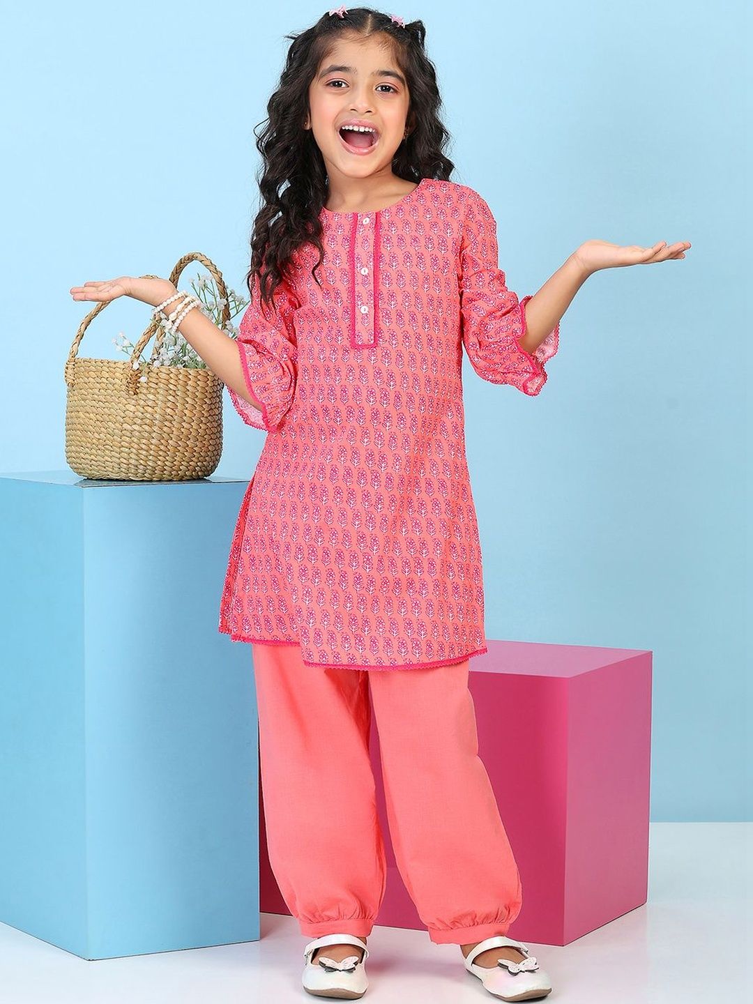 Biba Biba Girls Ethnic Motifs Printed Regular Cotton Kurti With Salwar