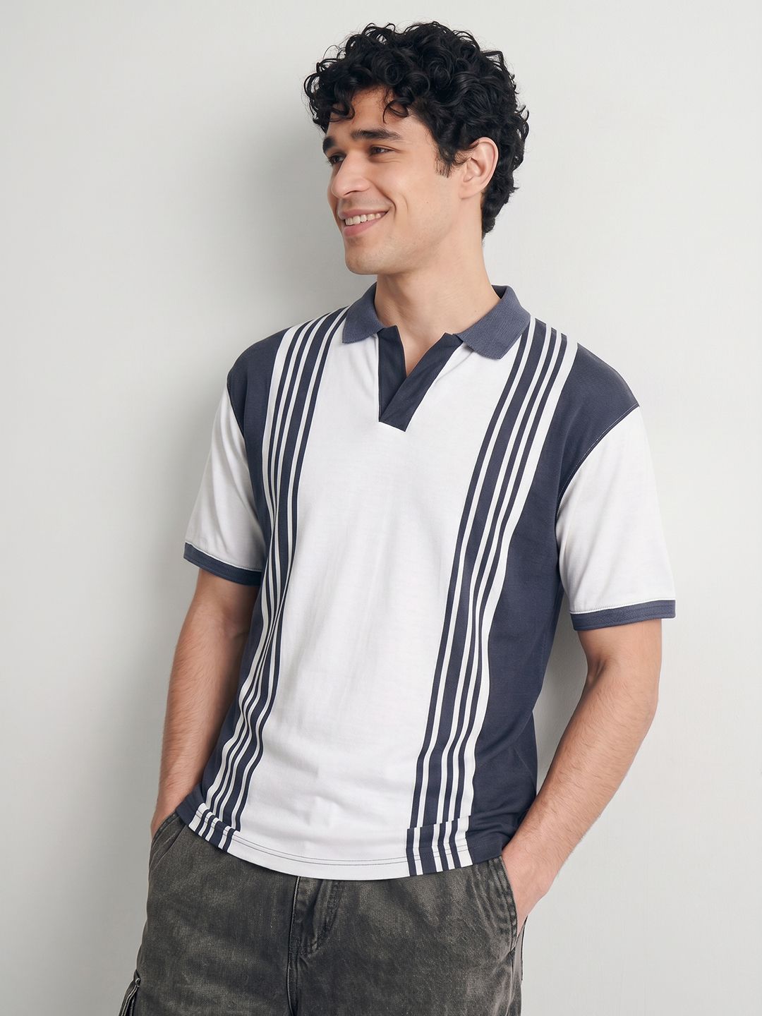 Mast & Harbour Men Striped Polo Collar Relaxed Fit T-shirt