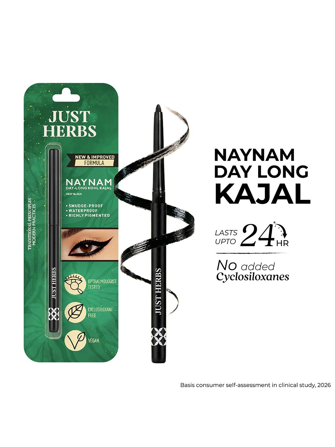 Just Herbs Just Herbs Naynam Day-Long 2-In-1 Kohl Kajal with Almond Oil & Vitamin E - Deep Black