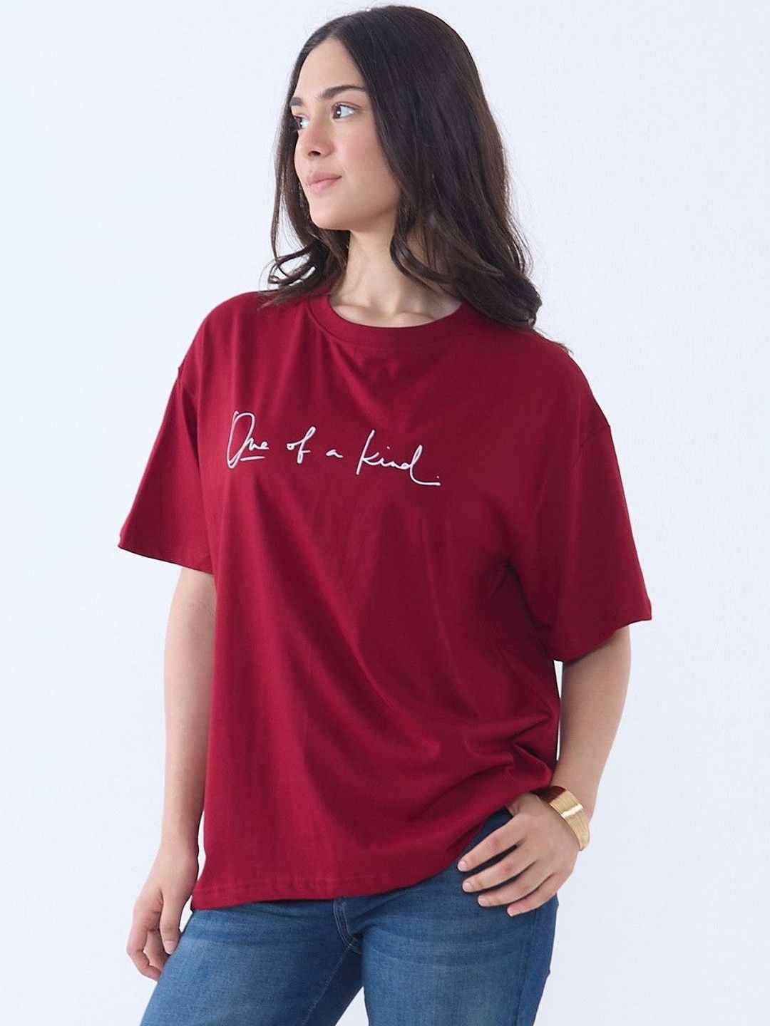 DKY DKY Women Typography Printed Round Neck Cotton Oversized T-shirt