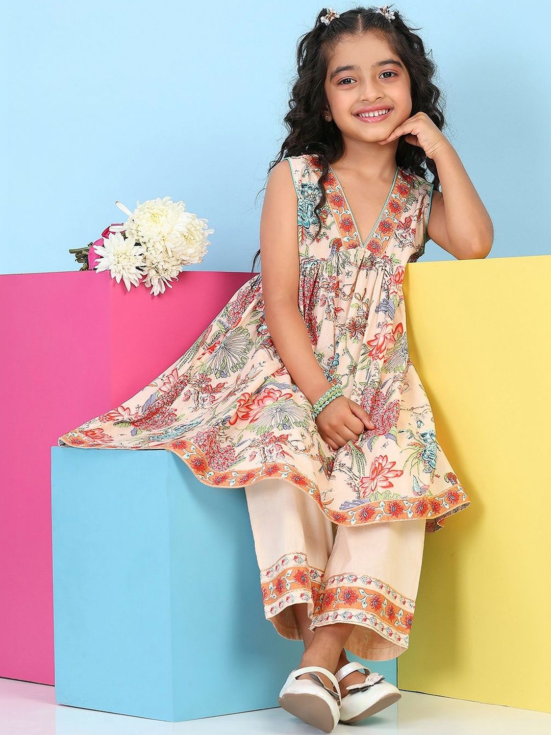 Biba Biba Girls Floral Printed Pleated Pure Cotton Kurta with Palazzos