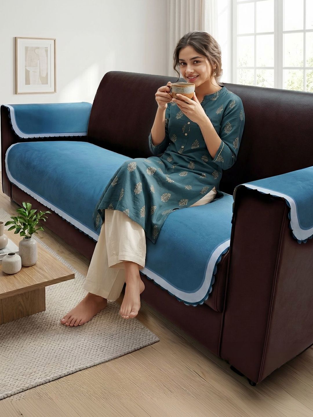Story@home Story@home Blue & Blue Solid 3 Piece Sofa Cover With Arms
