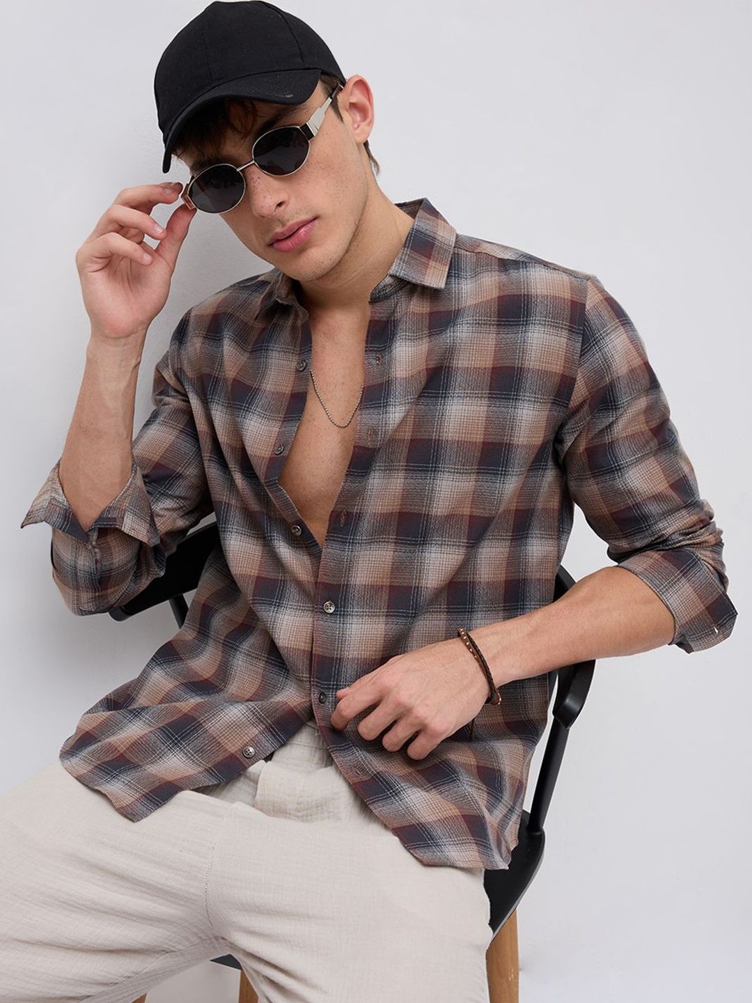 VASTRADO Elegant Smoked Brown Block Checks Everyday Shirt