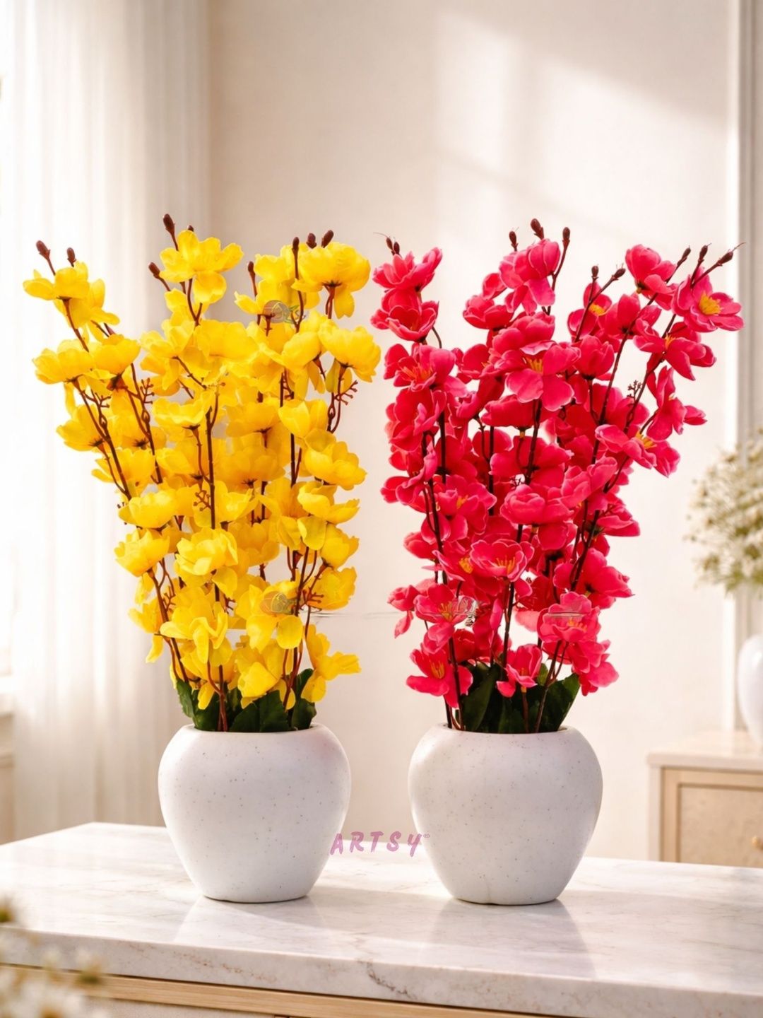 ARTIER ARTIER Yellow 2 Pieces Cherry Blossom Artificial Flower With Pot
