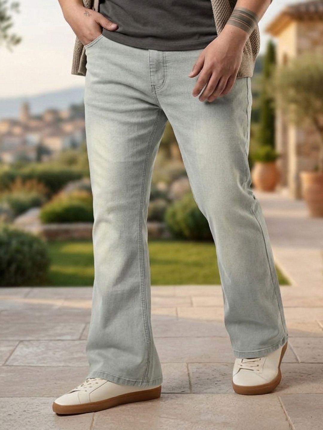 Urbano Plus Men Ice Grey Bootcut Fit Mid Rise Heavy Washed Stretchable Jeans