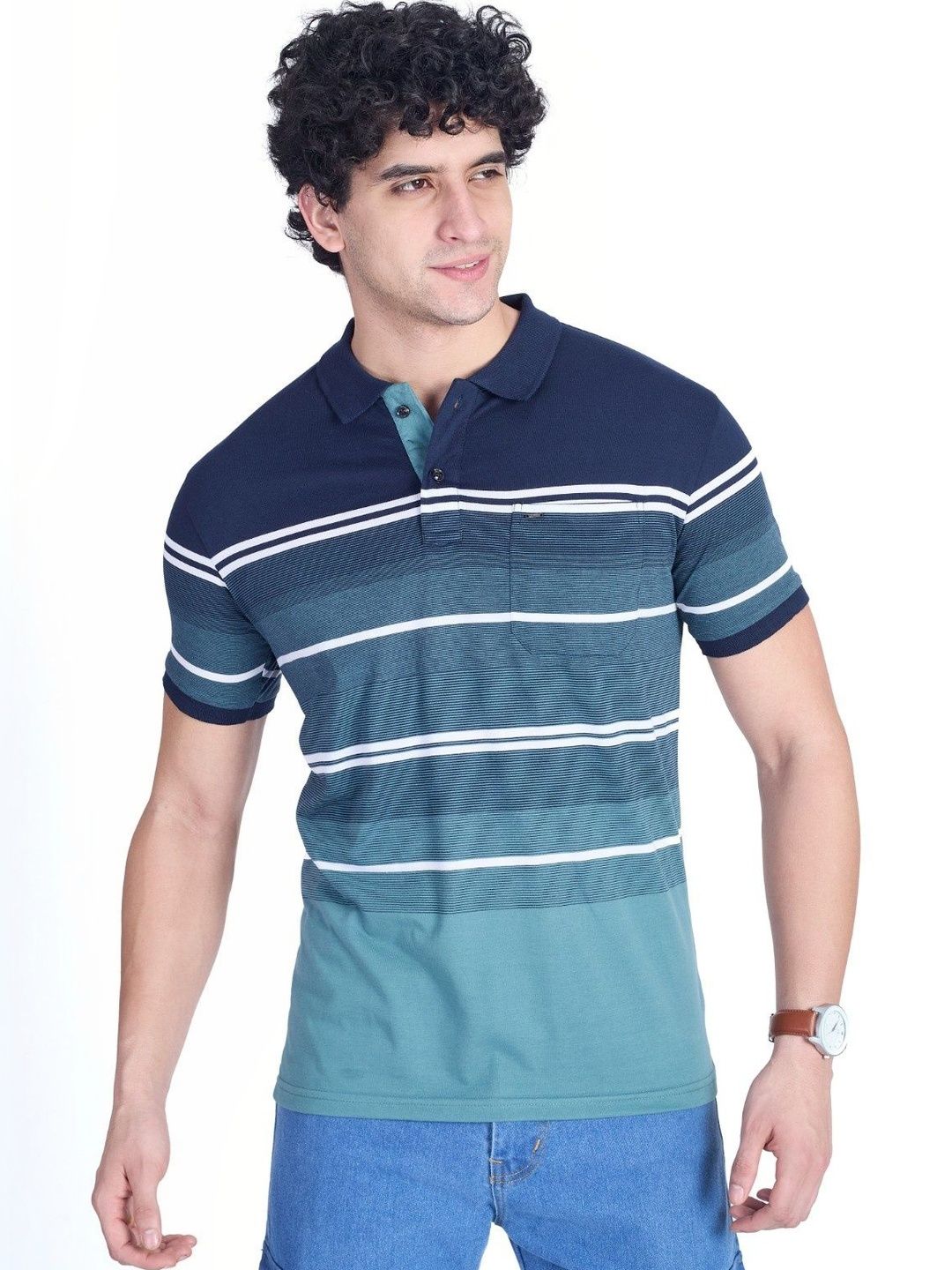 PRORIDERS Men Striped Polo Collar Pockets T-shirt