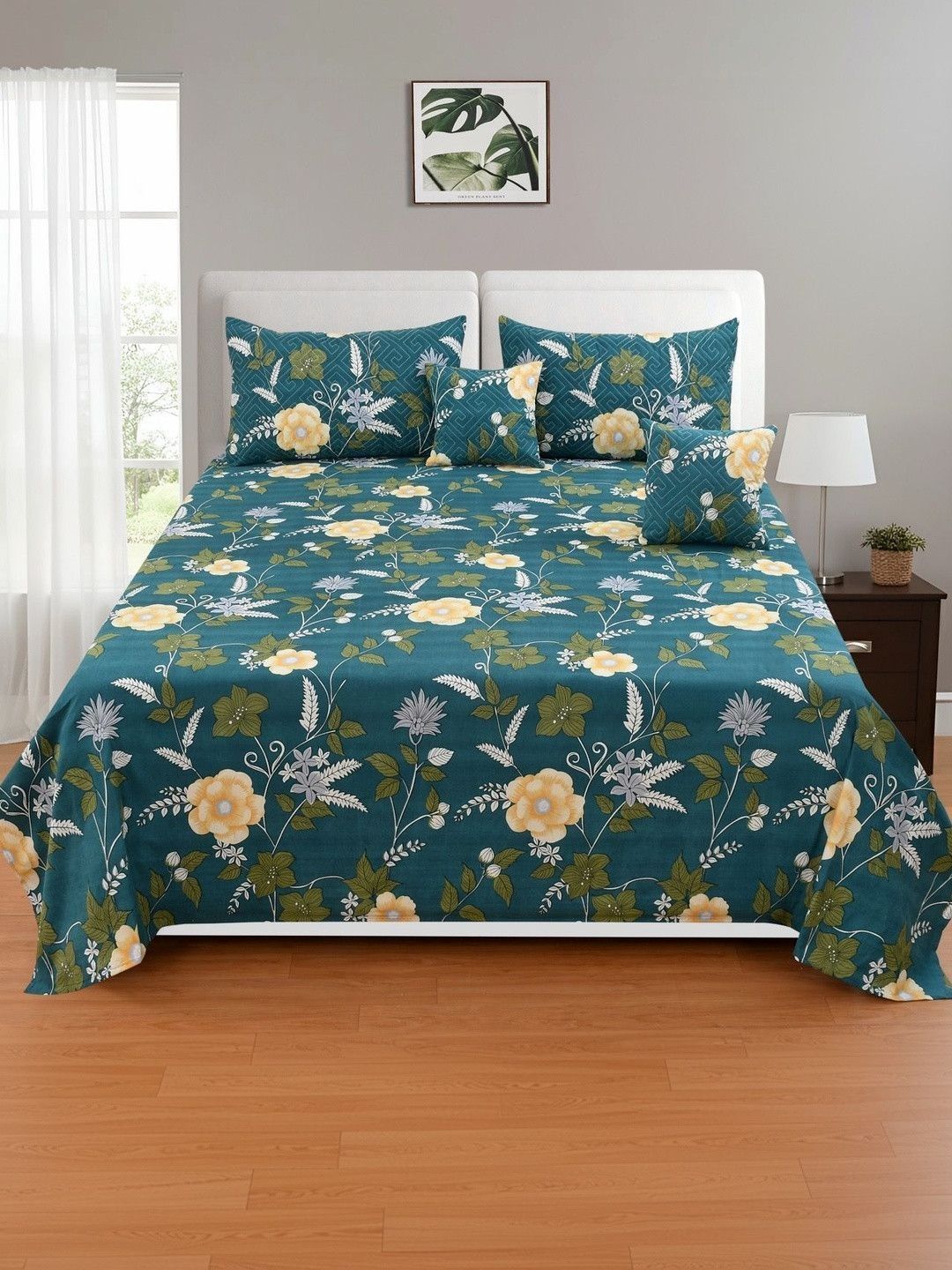 Homio Green & Yellow Floral Polycotton 5 Piece Double King Superfine Bedding Set