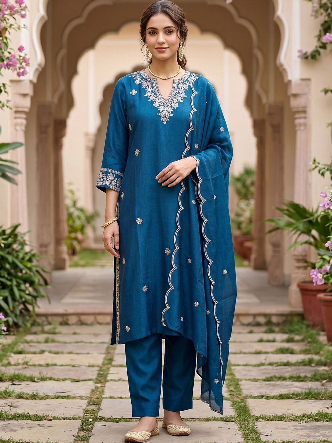 Raw Silk Straight Kurta Set Koskii Blue Soft Raw Silk Threadwork Straight Kurta With Pant Regular And Dupatta