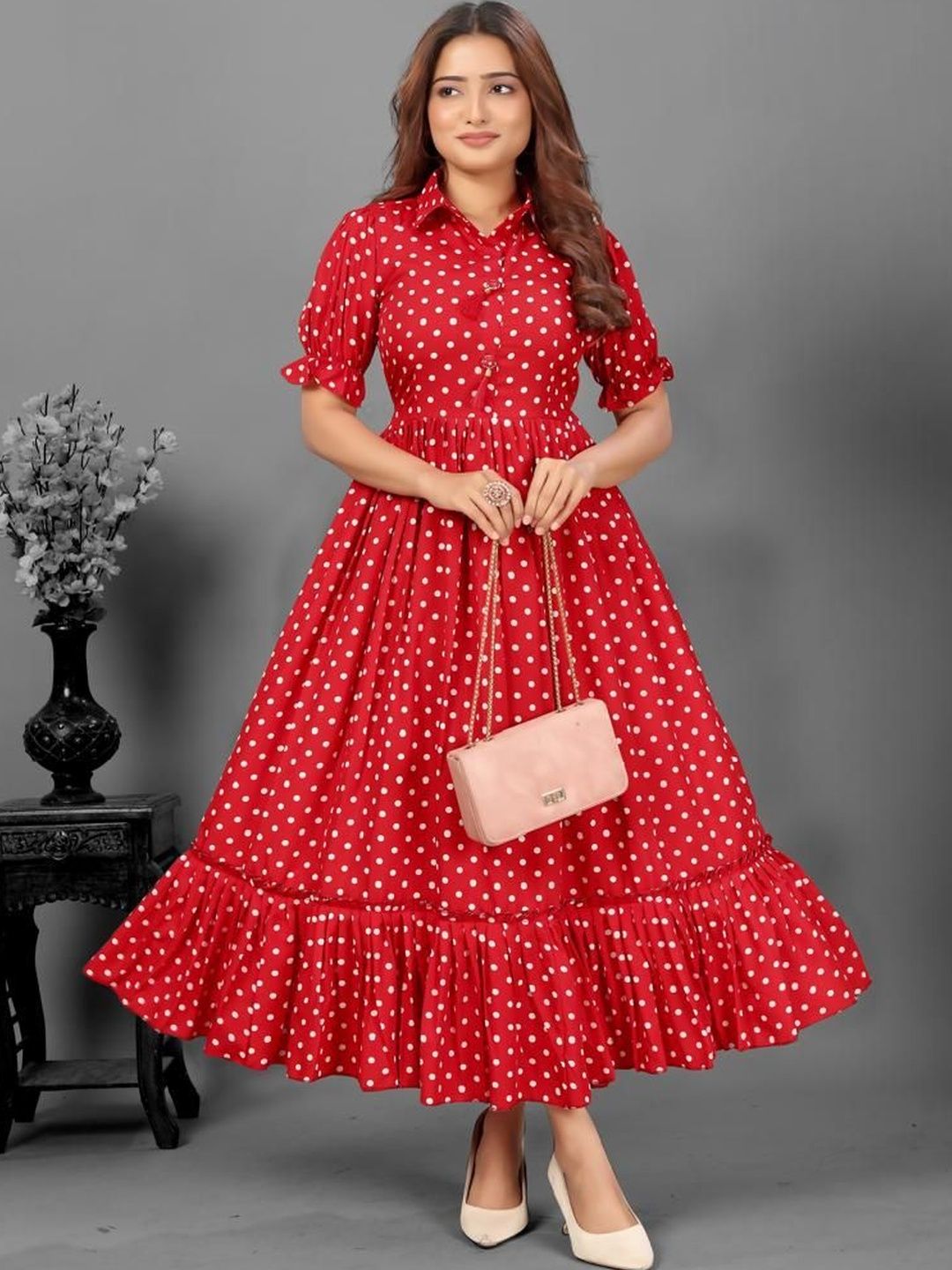 Moda Rapido Polka Dot Print Ruffled Crepe Fit & Flare Maxi Dress