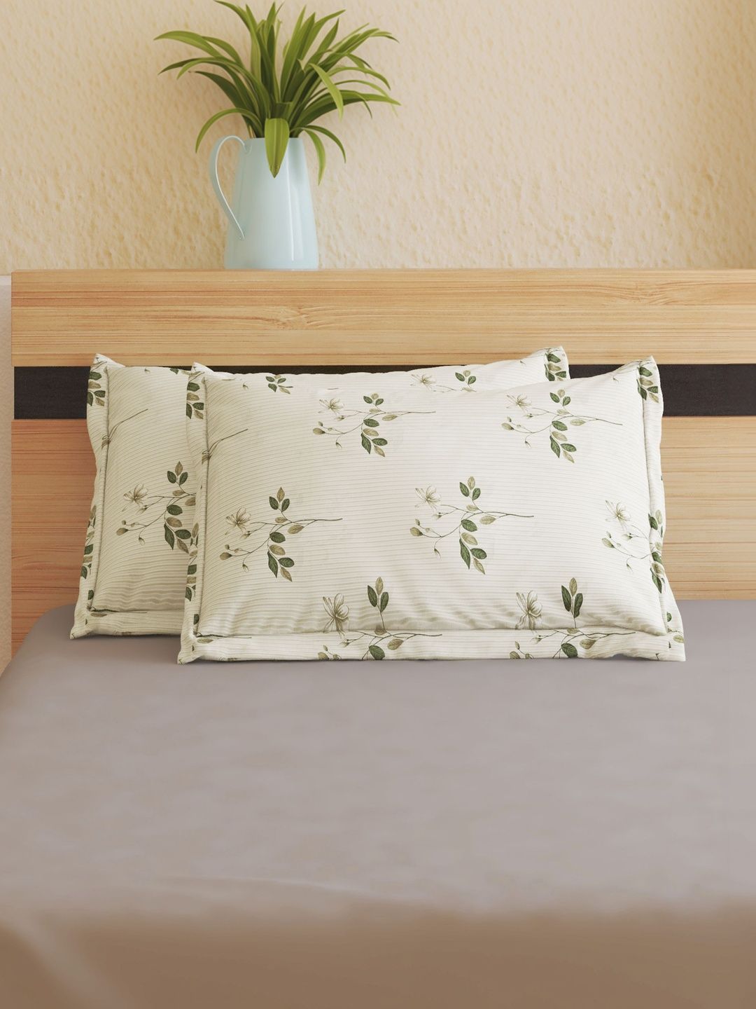 Home Centre Home Centre Green & White 2 Pieces Floral Pure Cotton Blend Square Pillow Covers