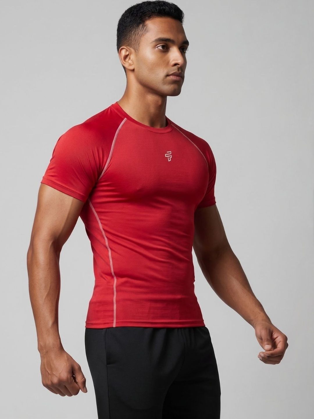 Flecto Men Compression Fit Solid Round Neck Half Sleeve T-Shirt for Gym, Training & Casual