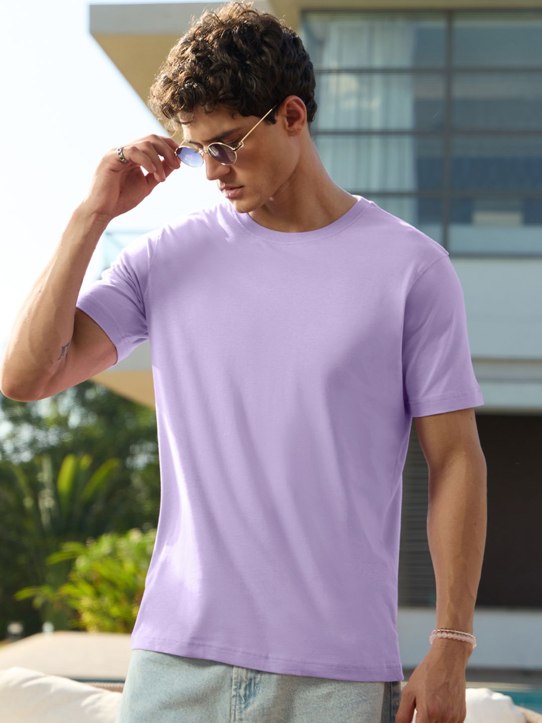 The Souled Store Men Regular Fit Solid Lavender T-Shirts