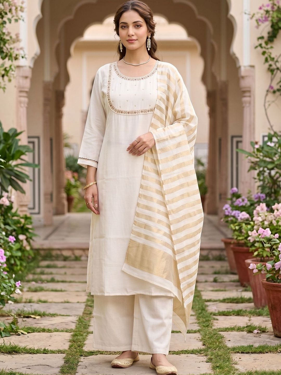 Art Silk A-Line Kurta Set Koskii Off White Art Silk Cording A Line Kurta With Pant Regular And Dupatta