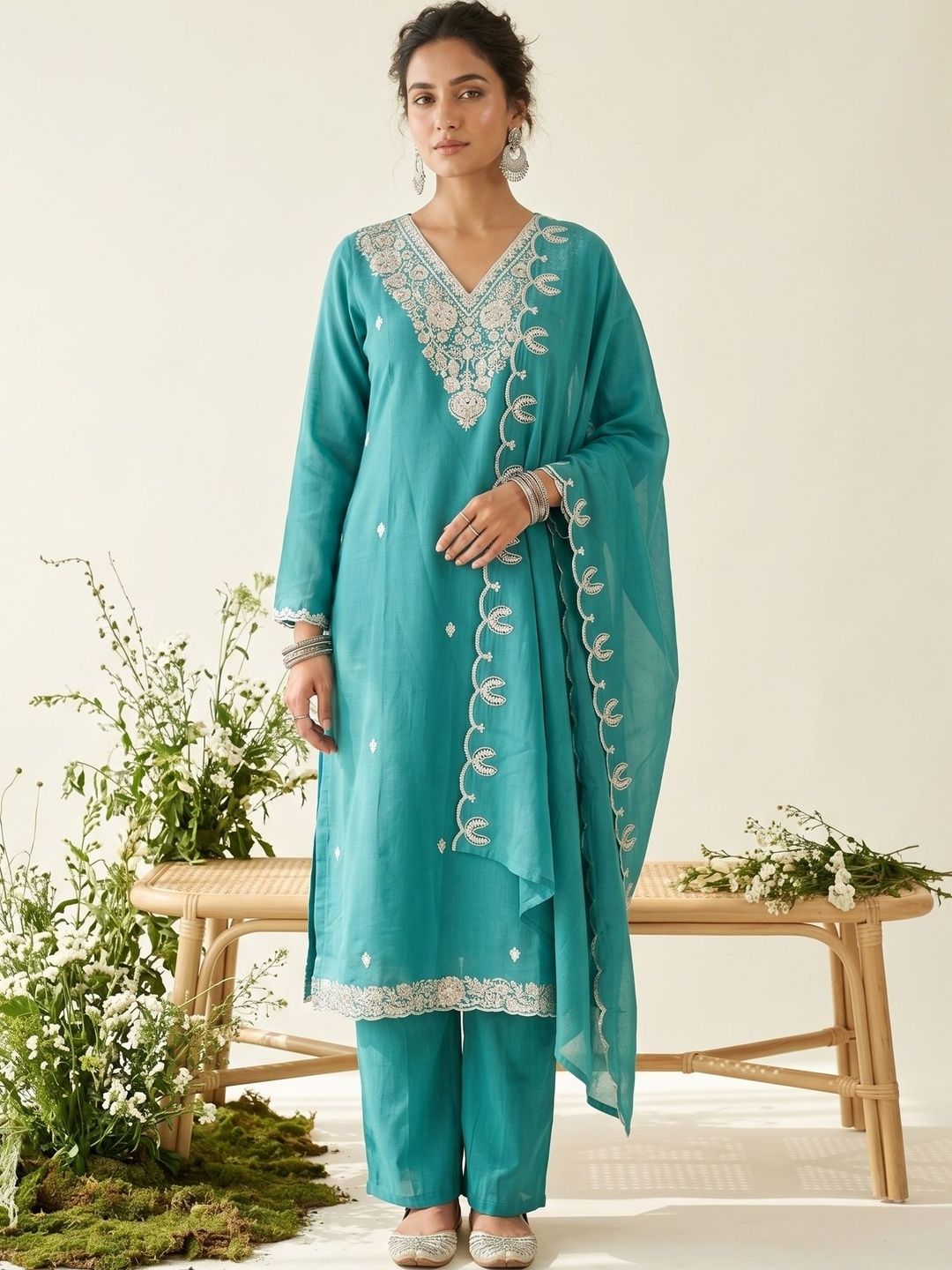 Chanderi Straight Kurta Set Koskii Sea Green Soft Raw Silk Threadwork Straight Kurta With Regular Pant And Dupatta