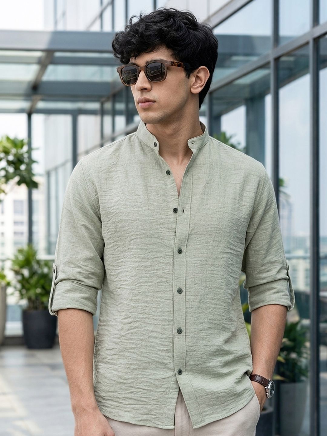 Urbano Fashion Men Beige Solid Linen Full Sleeve Relaxed Fit Mandarin Collar Casual Shirt