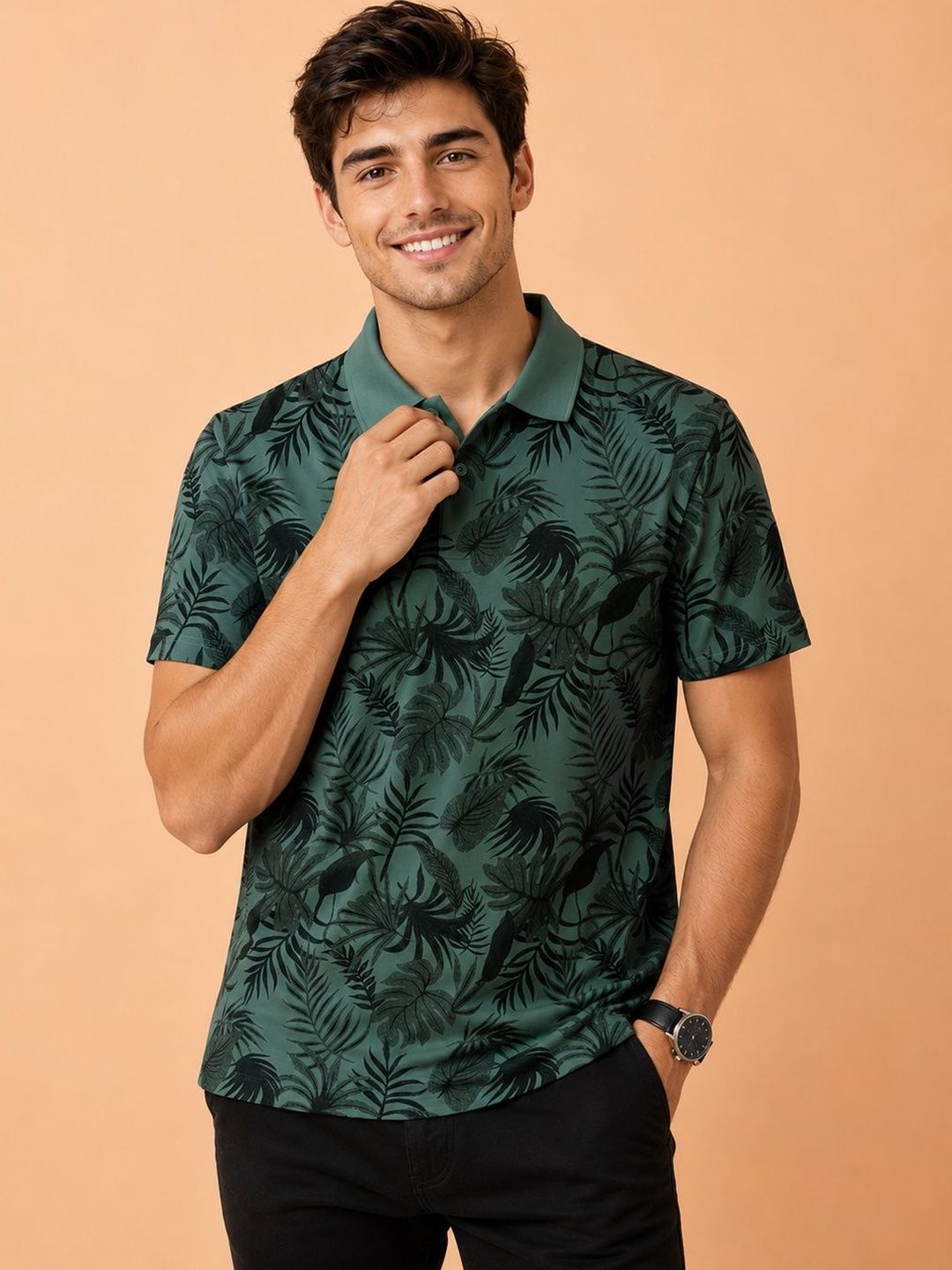 HERE&NOW Men Floral Printed Polo Collar Tropical T-shirt