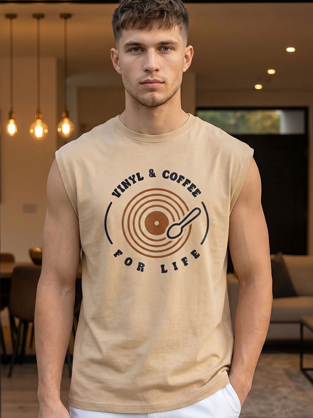 Bewakoof Men Ginger Root Brown Vinyl & Coffee Graphic Printed Boxy Fit Vest