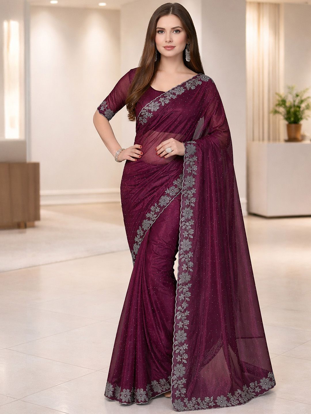 STYLE MODA Embellished Embroidered Net Heavy Work Saree