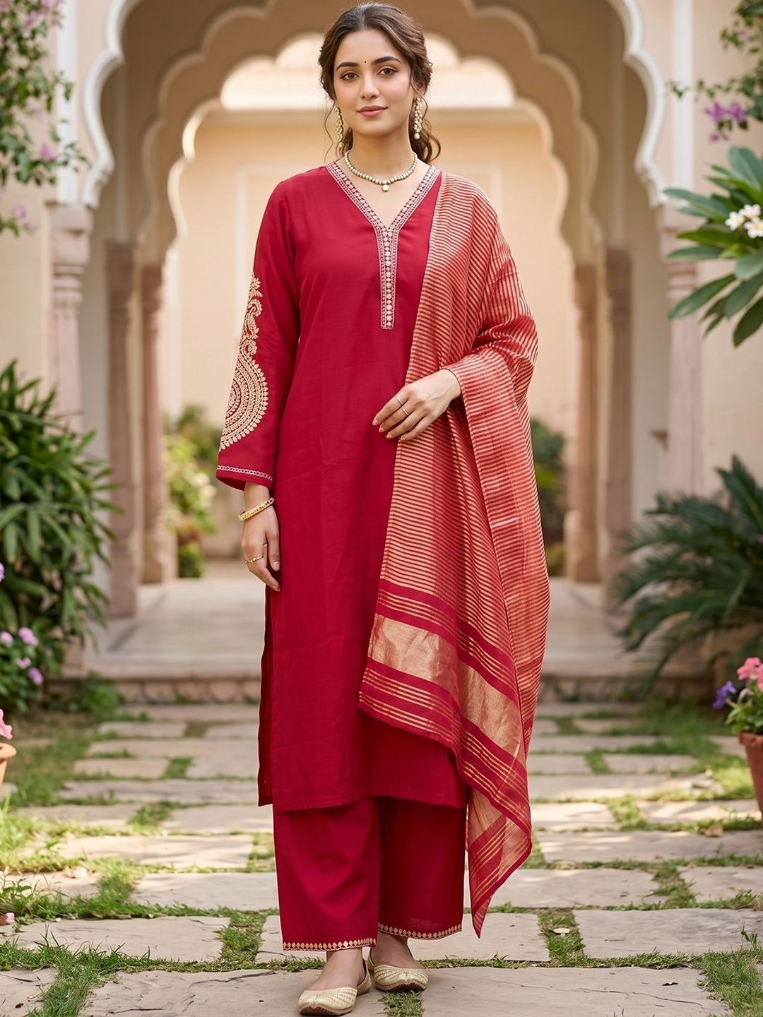 Art Silk Straight Kurta Set Koskii Red Art Silk Cording Straight Kurta With Pant Regular And Dupatta