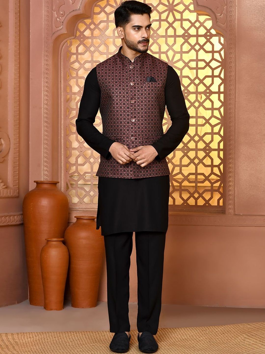 WANAS Men Woven Design Premium Jacquard Nehru Jacket